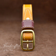 Charger l&#39;image dans la galerie, Made-to-order Yellow Mustard Leather Belt with Brass Buckle &amp; Large Leather Burgundy Stud