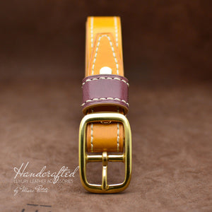 Made-to-order Yellow Mustard Leather Belt with Brass Buckle & Large Leather Burgundy Stud