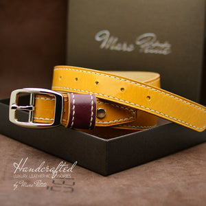 Made-to-order Yellow Mustard Leather Belt with Stainless Steel Buckle & Large Leather Burgundy Stud for men