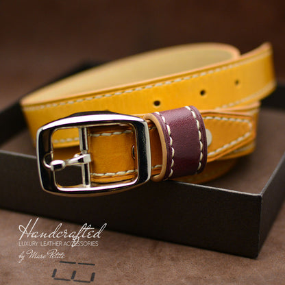 Hand Sewn Yellow Mustard Leather Belt with Stainless Steel Buckle & Large Leather Burgundy Stud for women