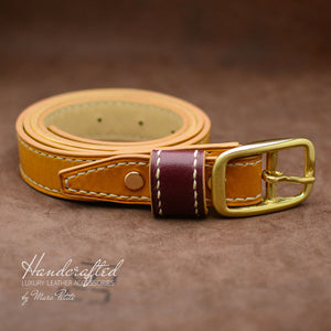 High-end Yellow Mustard Leather Belt with Brass Buckle & Large Leather Burgundy Stud