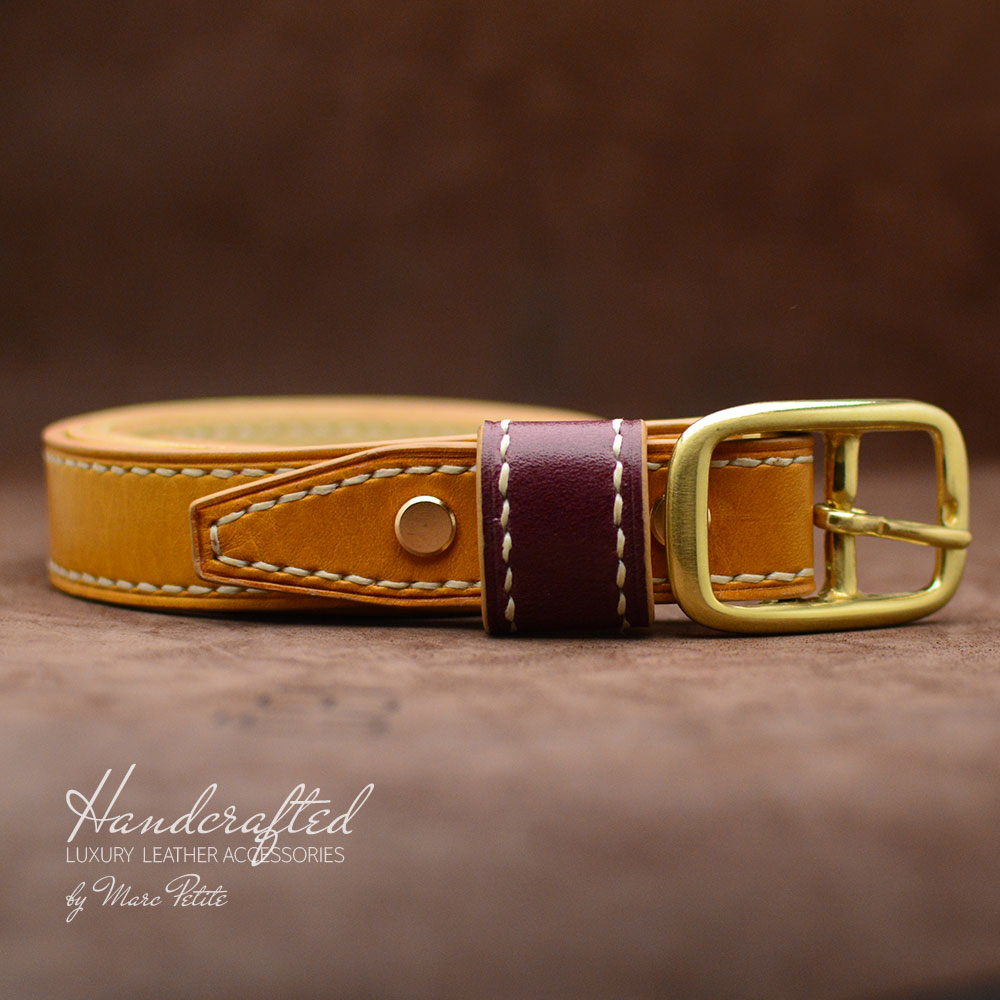 Hand sewn Yellow Mustard Leather Belt with Brass Buckle & Large Leather Burgundy Stud