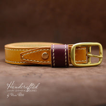 Load image into Gallery viewer, Hand sewn Yellow Mustard Leather Belt with Brass Buckle &amp; Large Leather Burgundy Stud