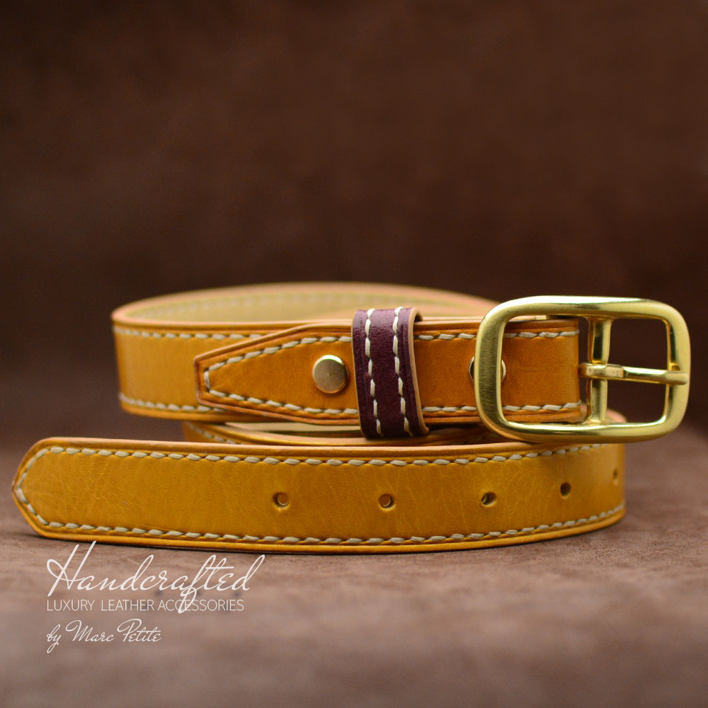 Yellow Mustard Leather Belt with Brass Buckle & Middle Leather Burgundy Stud