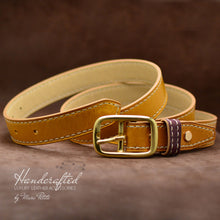 Charger l&#39;image dans la galerie, Handmade  Yellow Mustard Leather Belt with Brass Buckle &amp; Middle Leather Burgundy Stud