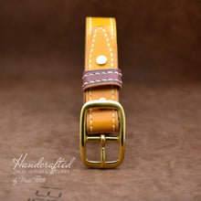 Charger l&#39;image dans la galerie, Yellow Mustard Leather Belt with Brass Buckle &amp; Middle Leather Burgundy Stud