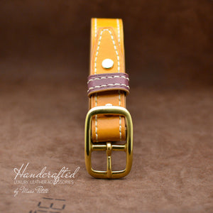 Yellow Mustard Leather Belt with Brass Buckle & Middle Leather Burgundy Stud