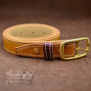 High-end Yellow Mustard Leather Belt with Brass Buckle & Middle Leather Burgundy Stud