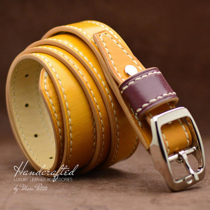 Yellow Mustard Leather Belt with Stainless Steel Buckle & Large Leather Burgundy Stud