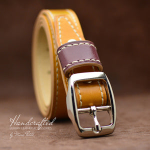 Handcrafted Yellow Mustard Leather Belt with Stainless Steel Buckle & Large Leather Burgundy Stud