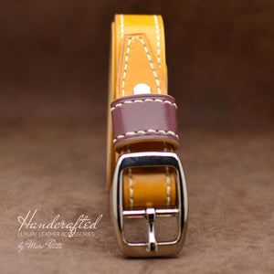 Handmade Yellow Mustard Leather Belt with Stainless Steel Buckle & Large Leather Burgundy Stud