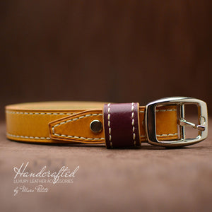 Custom Made Yellow Mustard Leather Belt with Stainless Steel Buckle & Large Leather Burgundy Stud