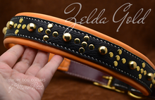 Load image into Gallery viewer, Medieval leather dog collar in black and orange leather